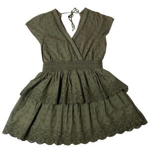 American Eagle Olive Green Eyelet Smocked Waist Layered Mini Dress XL Cottage